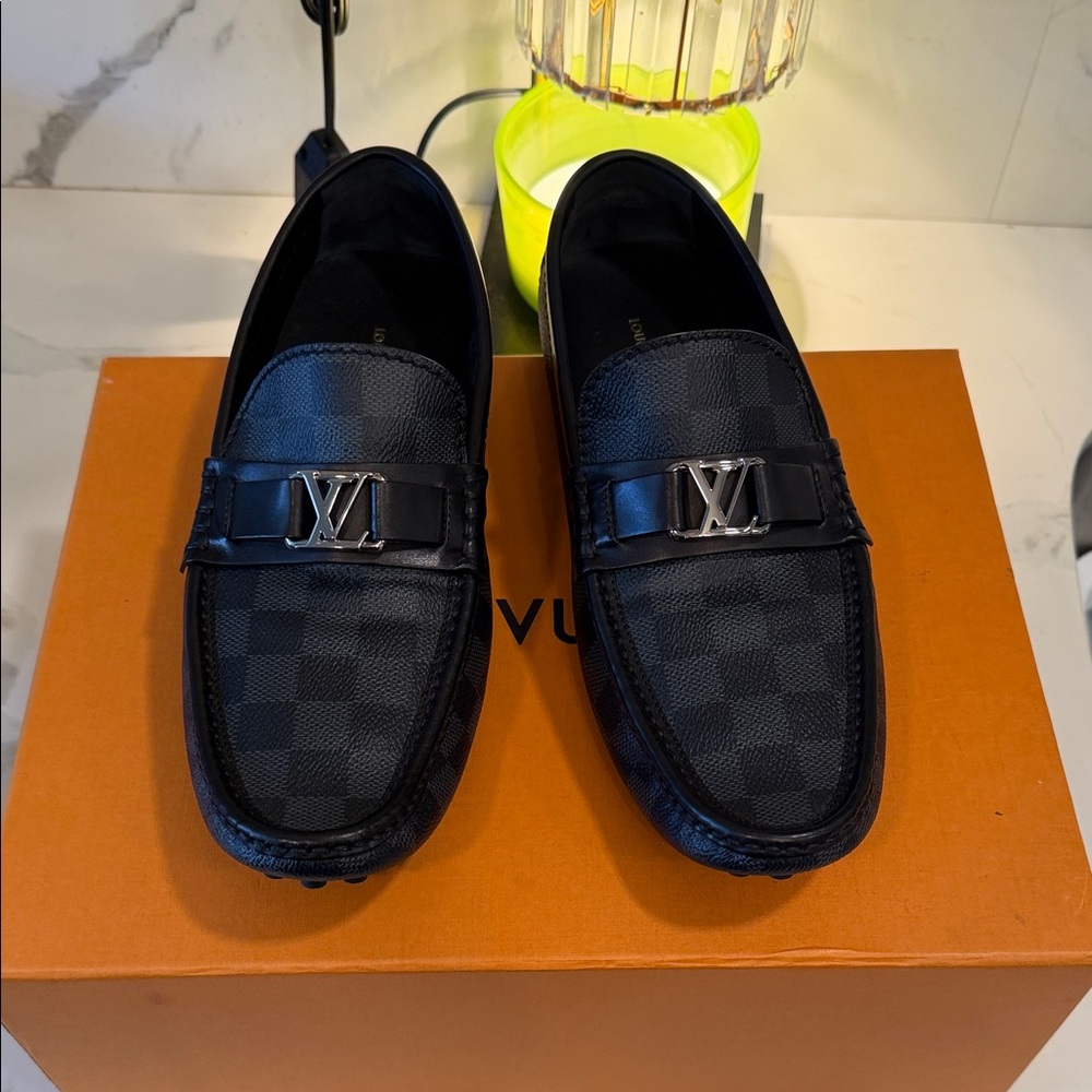Louis Vuitton Dark Checkered Slip-Ons with Silver Accent